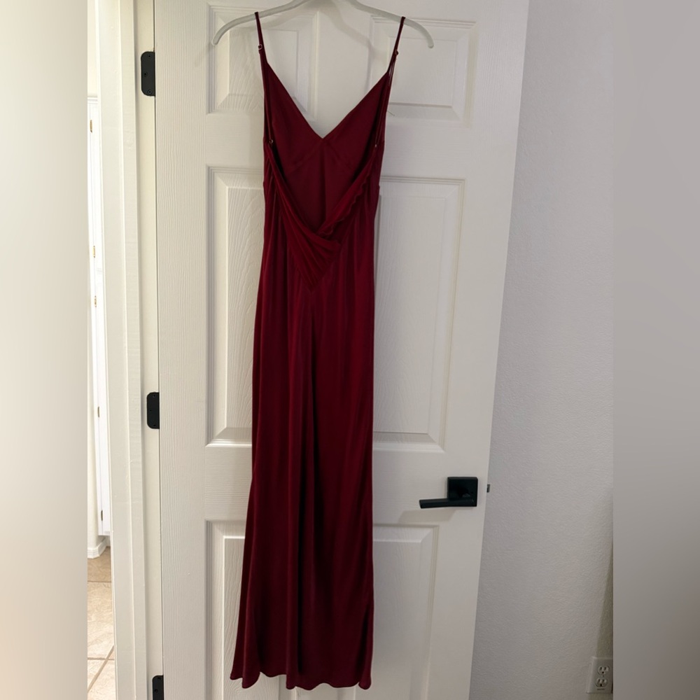 Meshki Wine Satin Slip Midi Dress with Spaghetti Straps - Picture 5 of 6